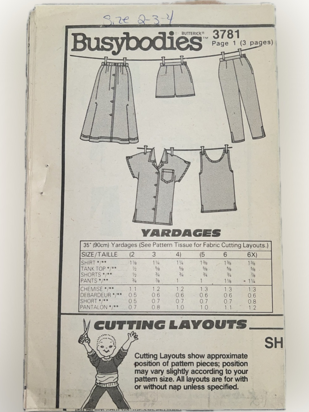🍄Vintage New Butterick  Busybodies 3781 Uncut Pattern Tops Pant Skirt Child 2-4